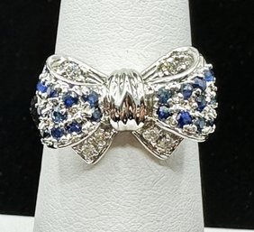 Natural Diamond And Sapphire Bow Ring In 14K White Gold Size 6.5 - #11136