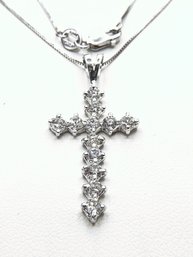 14KT White Gold With Natural Diamond Cross Pendant And 18' Box Chain Necklace - #11148