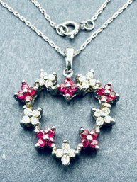 14KT White Gold Natural Diamond And Ruby Heart Pendant And 18' Chain
