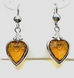 4KT White Gold * Pair Of Italian Hanging Earrings With Yellow Heart Stone - J11172