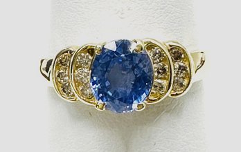 14KT Yellow Gold Natural Diamond Oval Sapphire Ring Size 7 -  J11173