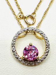 14KT Yellow Gold Natural Diamond And Pink Sapphire Pendant Necklace - J11182