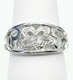 14KT White Gold Natural Diamond Flower And Heart Ring Size 7