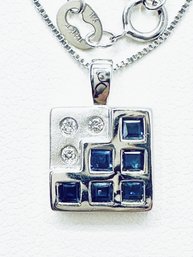 14KT White Gold Genuine Sapphire And Natural Diamond Necklace