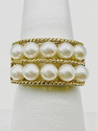 14KT Yellow Gold Two Row Fresh Water Pearl Ring Size 6.75