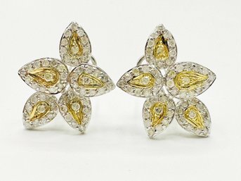 18 KT 2-Tone Gold Natural Diamond Flower Earrings - J11236