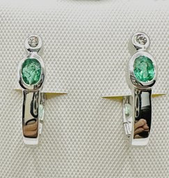 18KT White Gold Natural Diamond And Oval Emerald Earrings
