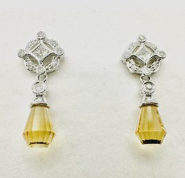 14 KT White Gold Natural Diamond And Citrine Earrings - J11244