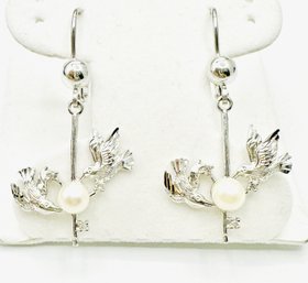 14KT White Gold Pearl And Diamond Dropped Bird Earrings - J11247