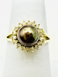 *14KT Yellow Gold Natural Diamond And Black Pearls Ring Size 7.25