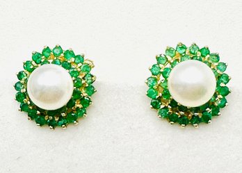 14KT Yellow Gold Pairs Of Pearl Earrings In Double Halo Emerald Setting - J11319