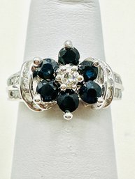14KT White Gold Diamond And Sapphire Flower Ring Size 4 - J11360