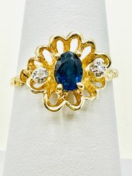 14KT Yellow Gold Sapphire And Diamond Flower Ring Size 6.25 - J11361