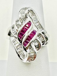 14KT White Gold Diamond And Ruby Fancy Ring Size 6.5 - J11374