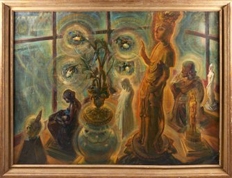 Listed Artist Edward Brodney (1910 - 2002) Large 56' Original Oil Painting 'HOLIDAY WINDOW'