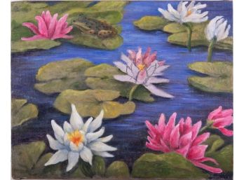 Vintage Nature Oil On Canvas 'Water Lilies'