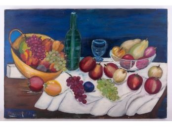 Vintage Modernist Oil On Canvas 'Fruits And Wine'