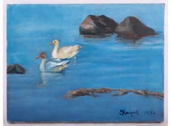 Vintage Modernist Oil On Canvas 'Ducks On Water'