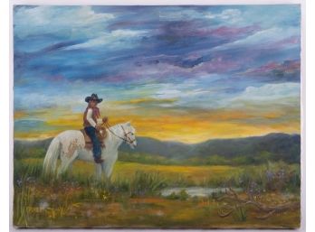 Vintage Impressionist OIl On Canvas 'Cowboy Landscape'