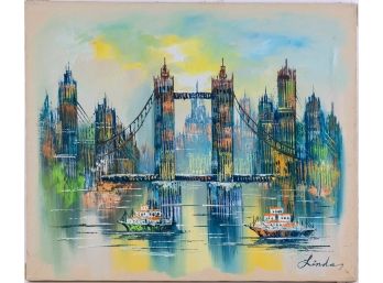 Vintage Modernist Oil On Canvas 'Bridge View'