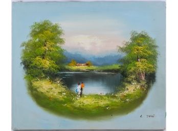 Vintage Scenic Oil On Canvas 'Couple At lake'