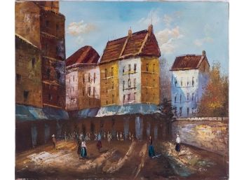 Vintage Scenic Oil On Canvas 'Town Street Scene'