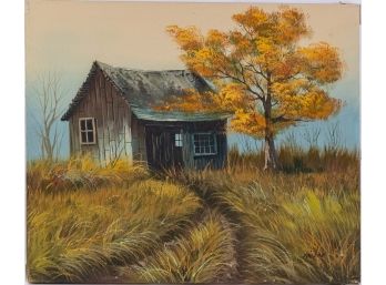 Vintage Scenic Oil On Canvas 'Cabin With Tree'