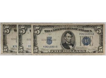Set Of 3 1934A/1934C Blue Seal Five Dollar Silver Certificate