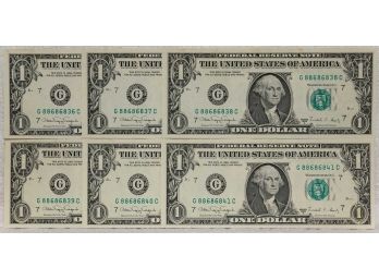 6 Consecutive Serial 1988 One Dollar Federal Reserve Note Good Serial