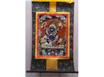 Vintage Buddhist Thangka Fabric Print On Scroll 'Mahakala'