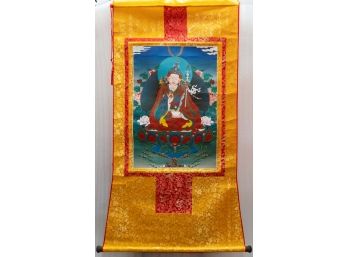 Vintage Buddhist Thangka Fabric Print On Scroll 'Guru Rinpoche'