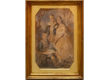 Antique Victorian Watercolor/Mixed Media On Paper 'Family Scene'
