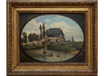 Early 20th Century Continental Oil On Board 'House Near River'