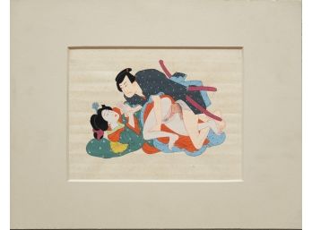 Vintage Japanese Shunga Hand Made Ukiyo-e On Paper 'Samurai And Geisha'