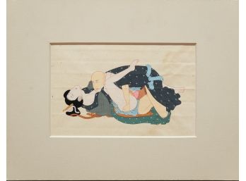Vintage Japanese Shunga Hand Made Ukiyo-e On Paper 'Monk And Geisha'