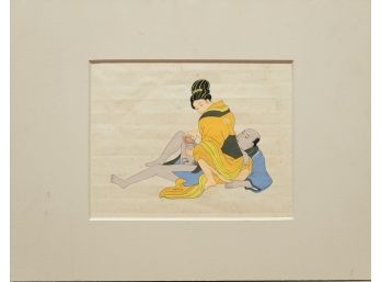 Vintage Japanese Shunga Hand Made Ukiyo-e On Paper 'Girl Comforting Man'