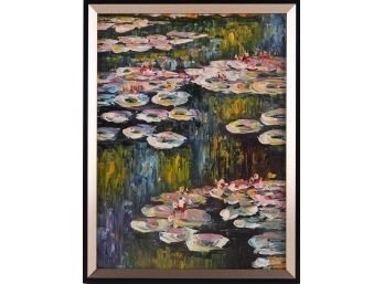Hand Painted In Manner Of Monet Oil On Canvas 'Lily Pond'