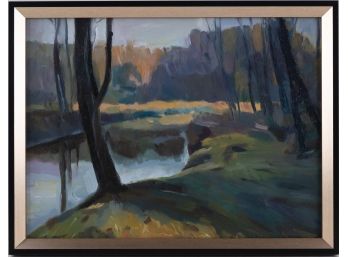 Hand Painted Impressionist Oil On Canvas 'Lake Landscape'