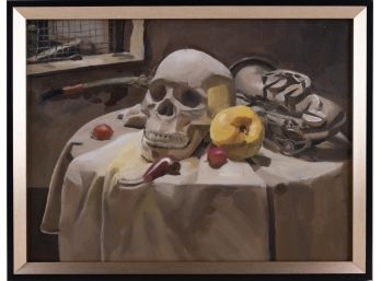 Hand Painted Still Life Oil On Canvas 'Skull On Table'