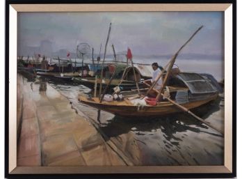 Hand Painted Impressionist Oil On Canvas 'Fishermen At Pier'