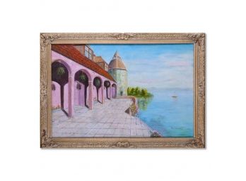 Vintage Impressionist Oil On Canvas 'Villa Near Coast'