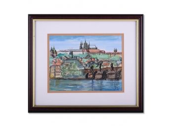 Vintage Post-Impressionist Watercolor On Paper 'Charles Bridge'
