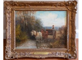 Early 20th Century Oil 'Fording The Stream' Plaque C. W. Oswald