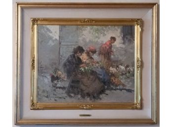 Impressionist Oil Painting 'Three Flower Girls' Signed Lower Left