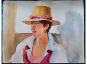 Contemporary Watercolor On Paper 'Woman With Hat'