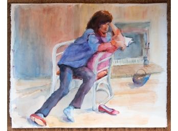 Contemporary Watercolor On Paper 'Woman On Chair'