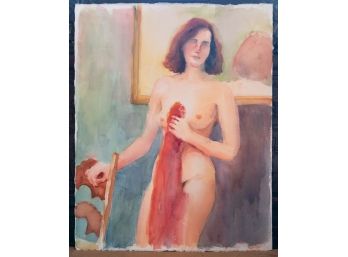 Contemporary Watercolor On Paper 'Nude With Red Scarf'
