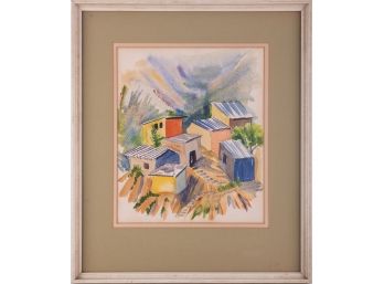 VIntage Modernist Watercolor On Paper 'Village Scene'