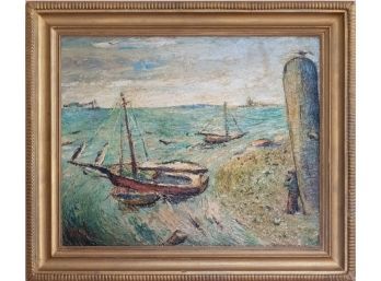 Post Impressionist Oil Painting Of Dock Scene Signed Burliuk
