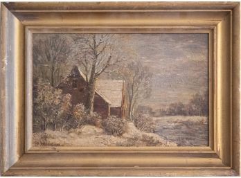 Antique Oil Painting On Wood 'Winter Scene' Signed JH. Twatchman